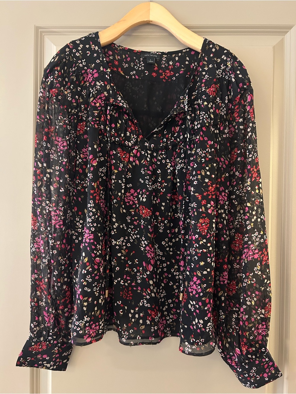 Ann Taylor Black Floral Peasant Blouse with Pink & Red Accents